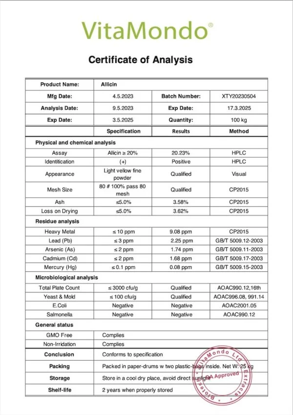 Allicin 20% COA VitaMondo stamp