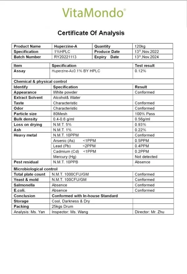 Huperzine 0.1% COA Synthetic VitaMondo