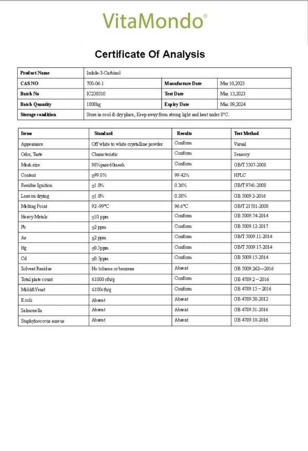 Indole-3-Carbinol (I3C) 99% COA VitaMondo