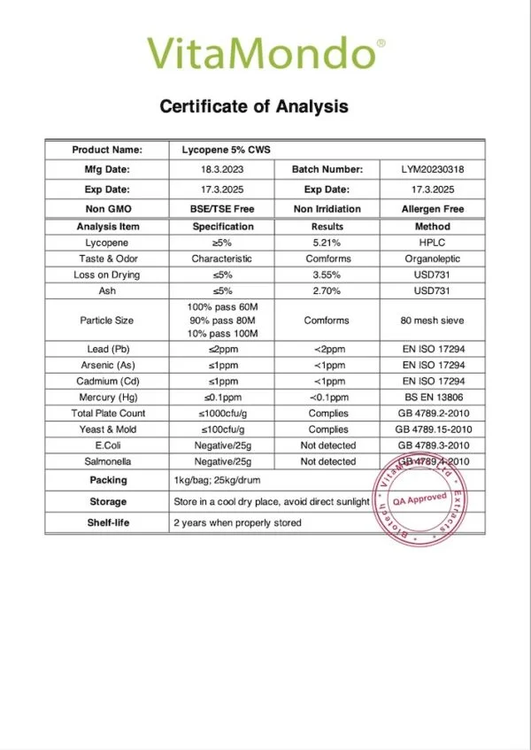 Lycopene 5% COA VitaMondo stamp