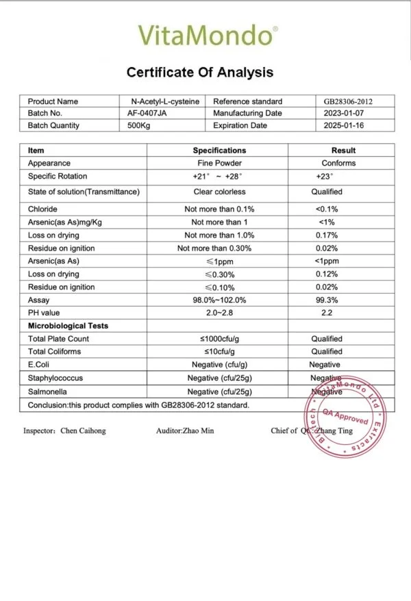 Premium NAC (N-Acetyl L-Cysteine) 99% COA