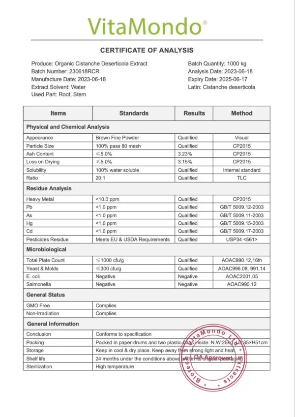 Organic Cistanche Deserticola Extract Powder COA VitaMondo stamped