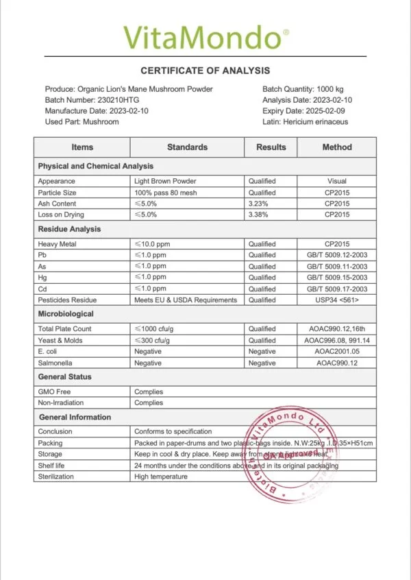 Organic Lion's Mane Mushroom Powder COA VitaMondo stamped