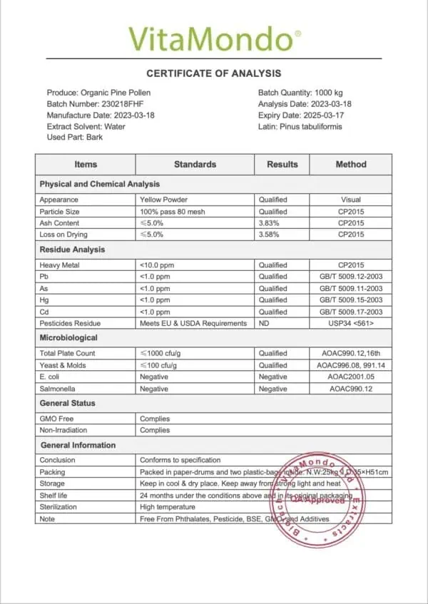 Organic Pine Pollen Powder Tablets COA VitaMondo