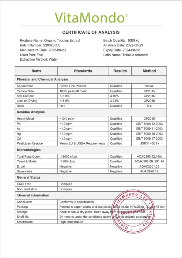 Organic Tribulus Terrestris Extract COA VitaMondo stamped