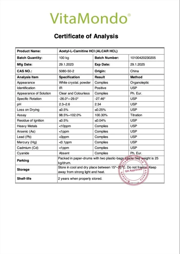 ALCAR (Acetyl-L-Carnitine HCL) 99% COA VitaMondo Stamp