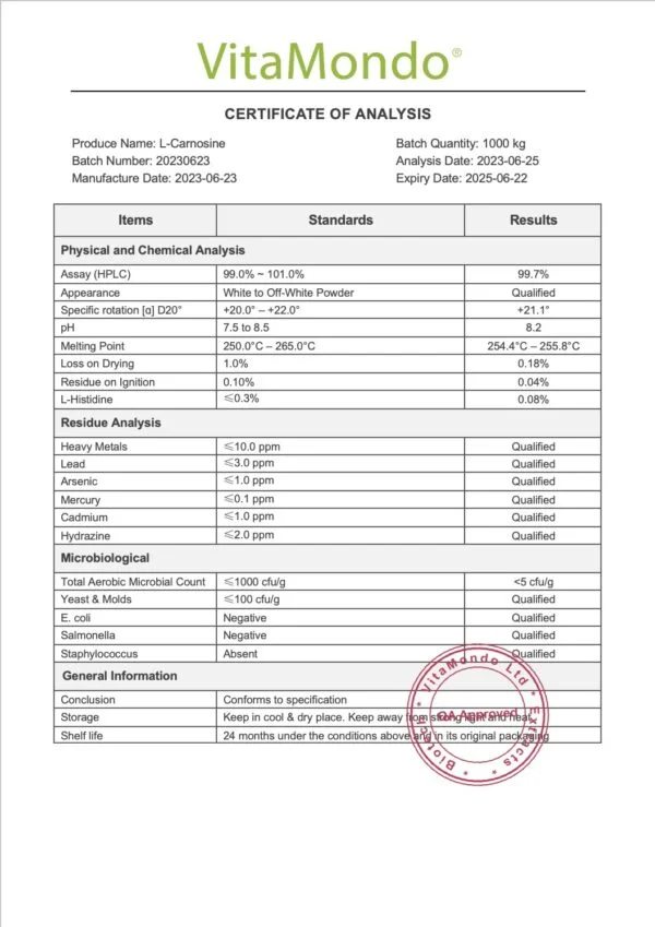 Pure L-Carnosine Powder COA 99% VitaMondo stamped