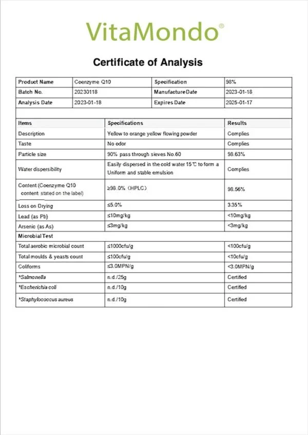 Coenzyme Q10 98% Ubiquinol COA VitaMondo