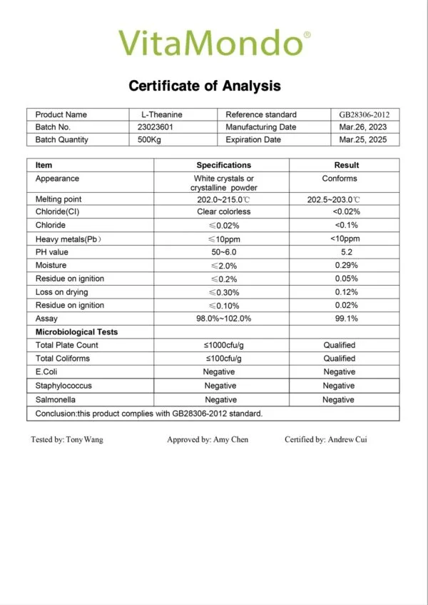 L-Theanine 99% COA VitaMondo