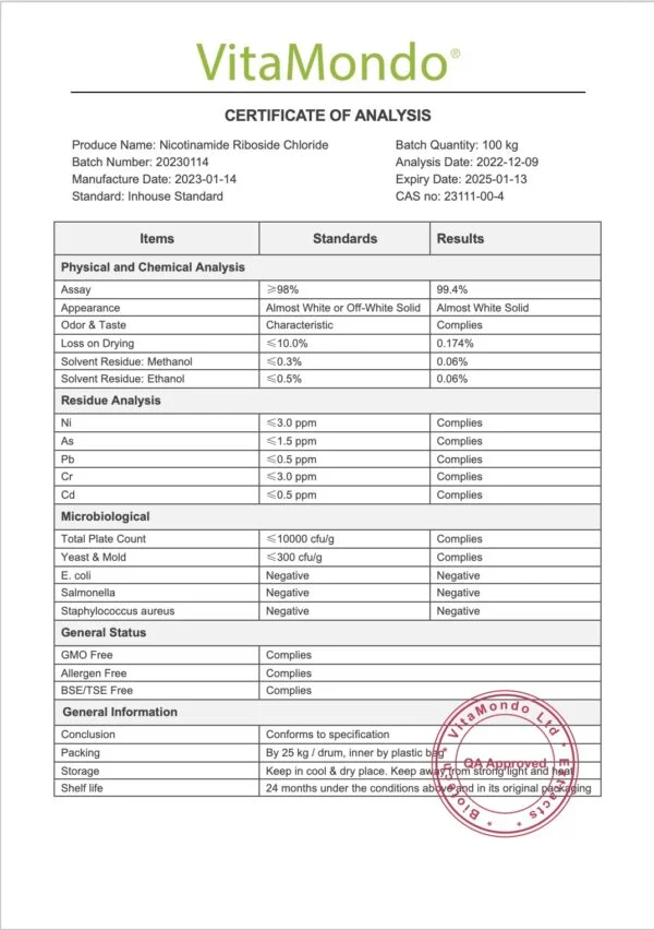 Nicotinamide Riboside Chloride 99% COA VitaMondo stamped