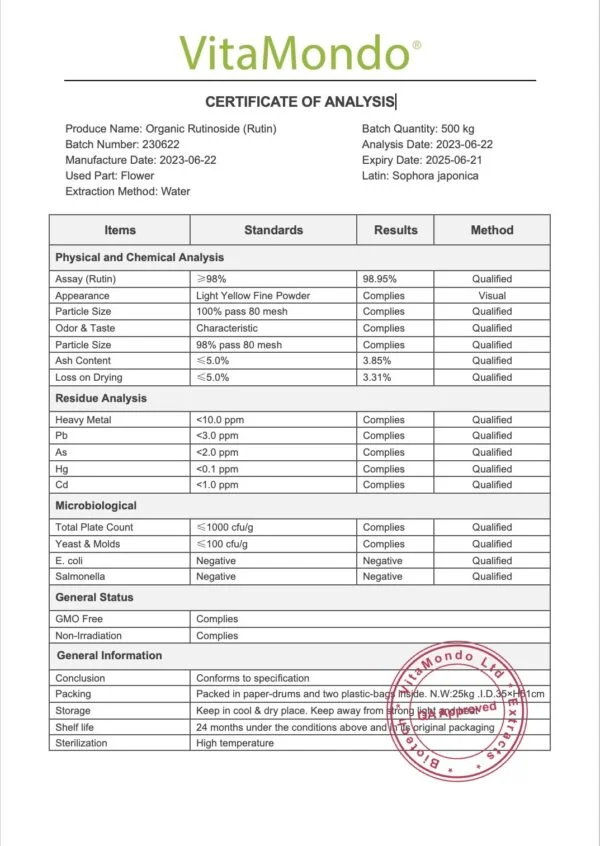 Organic Rutinoside (Rutin) 98% COA VitaMondo stamped