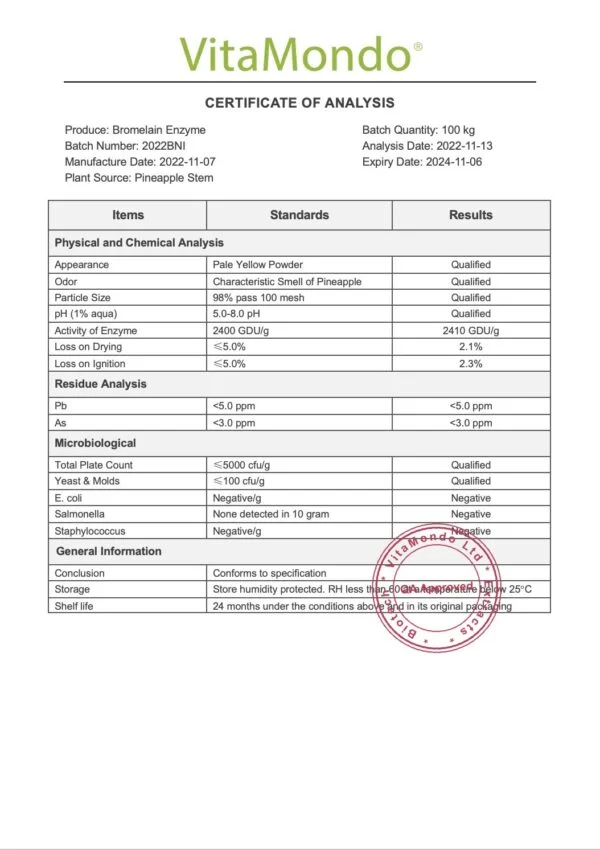 Pineapple Bromelain 2400 GDU Powder COA VitaMondo stamped