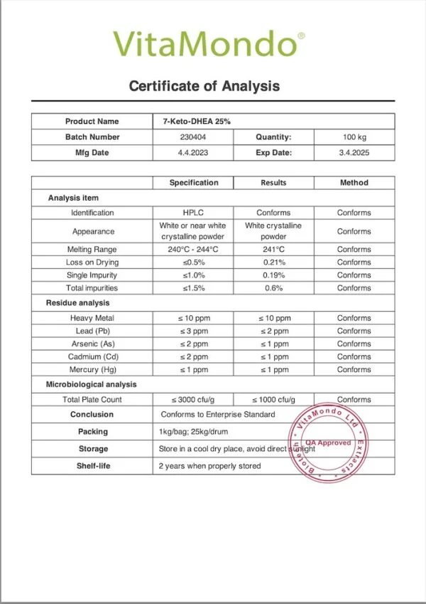 7-Keto-DHEA 25% COA VitaMondo stamp