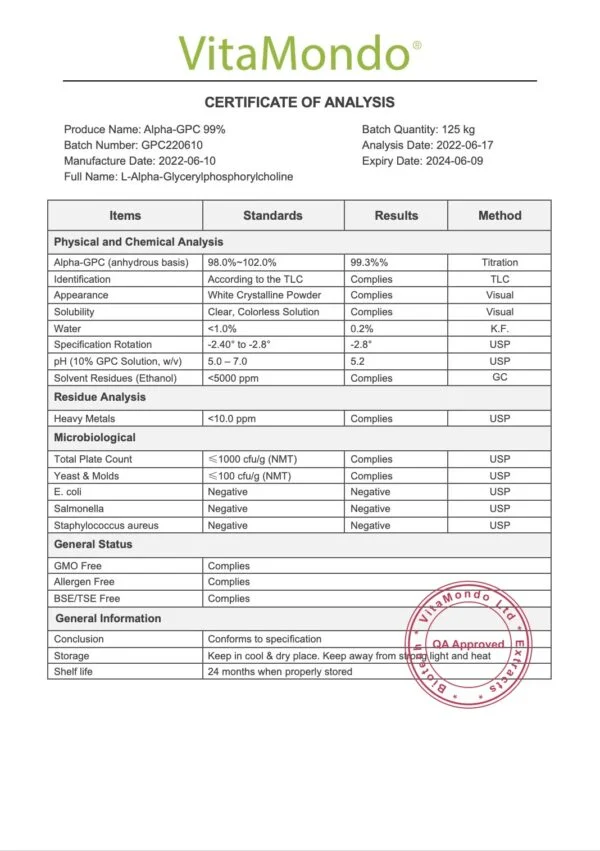 Alpha GPC (L-Alpha-Glycerylphosphorylcholine) 99% COA VitaMondo stamped