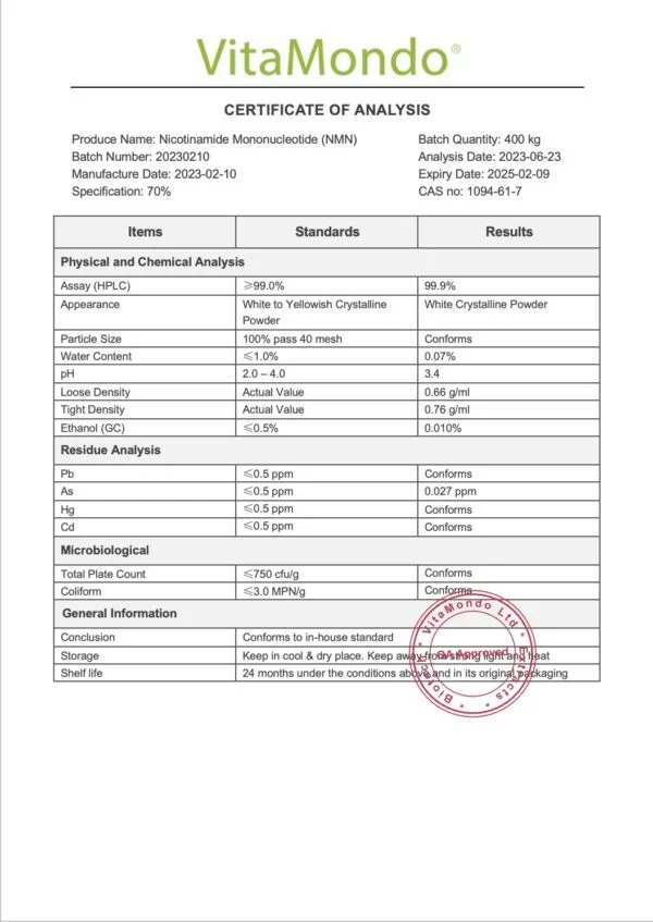 NMN (Nicotinamide Mononucleotide) 99% COA VitaMondo stamped