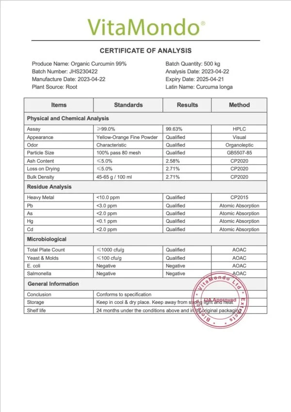 Organic Curcumin 99% Powder COA VitaMondo stamped