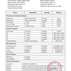 Organic Nattokinase 20000 CFU COA VitaMondo stamped