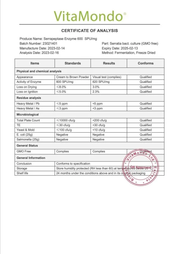 Serrapeptase Enzyme 600 SPU mg COA VitaMondo stamped