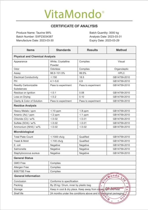 Taurine 99% COA VitaMondo stamped