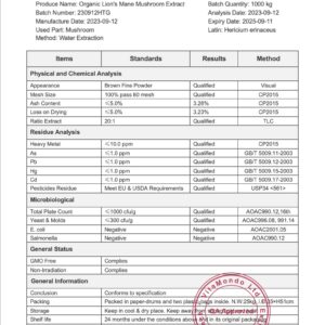 Organic Lion's Mane Mushroom Extract COA VitaMondo stamped