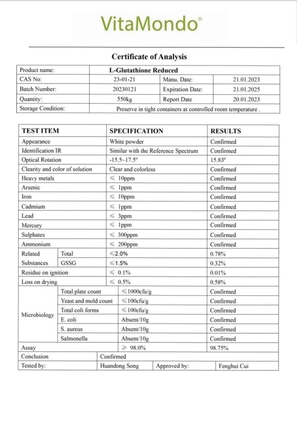 L-Glutathione Reduced 98% GSH VitaMondo