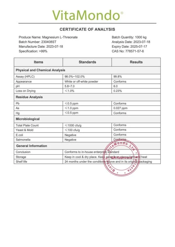 Magnesium L-Threonate 99% COA VitaMondo stamped