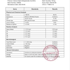 Organic Calcium Alpha-Ketoglutarate (Ca-AKG) COA VitaMondo stamped