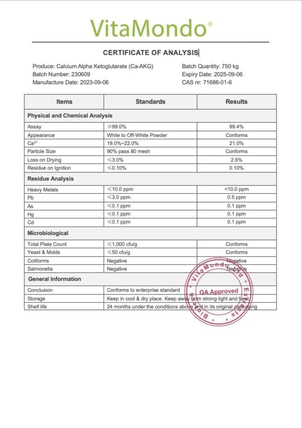 Organic Calcium Alpha-Ketoglutarate (Ca-AKG) COA VitaMondo stamped