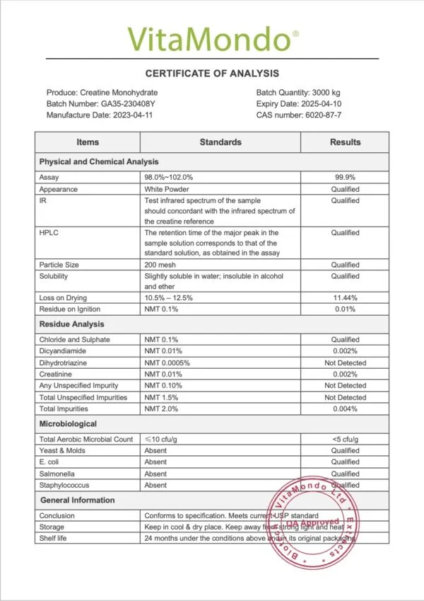 Premium Creatine Monohydrate Powder COA 99% VitaMondo stamped