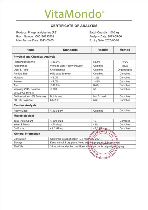 Premium Phosphatidylserine Powder COA 50% VitaMondo stamped