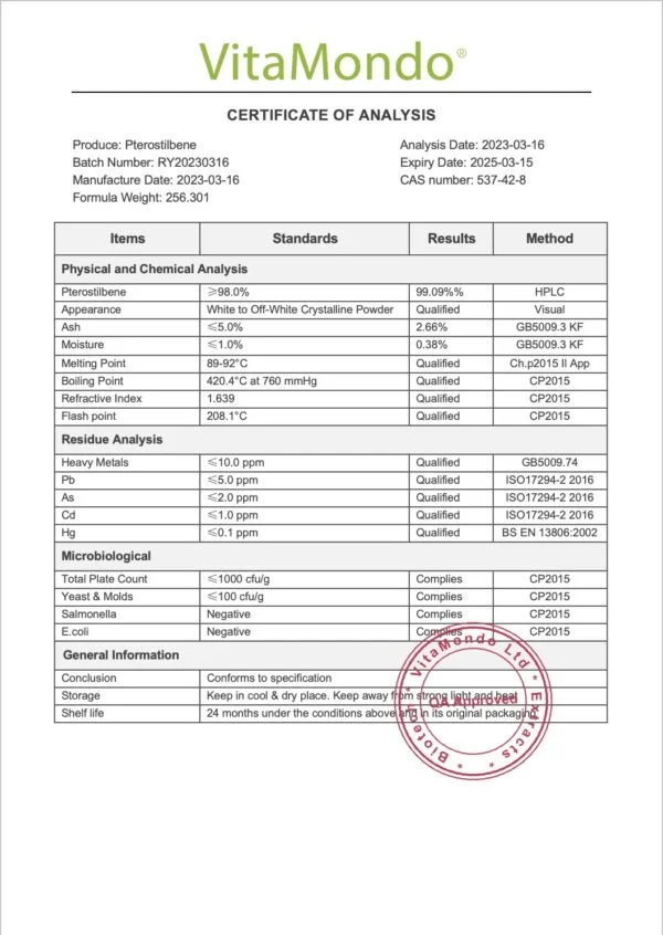 Premium Pterostilbene Powder COA 99% VitaMondo stamped