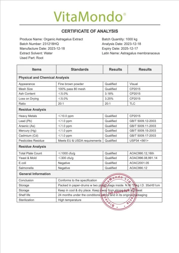 Organic Astragalus Root Extract COA VitaMondo stamped