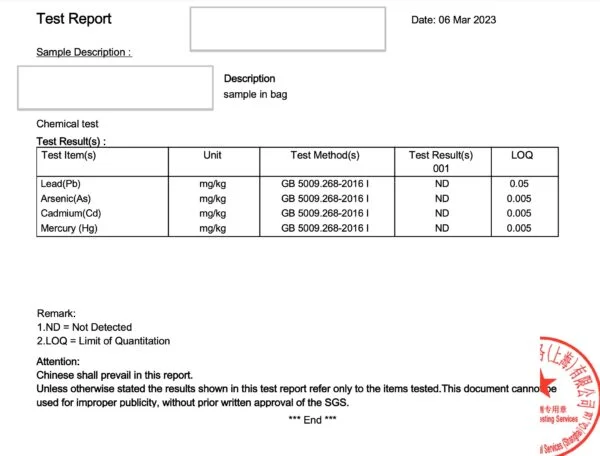 NMN 99% SGS test report on heavy metals vm