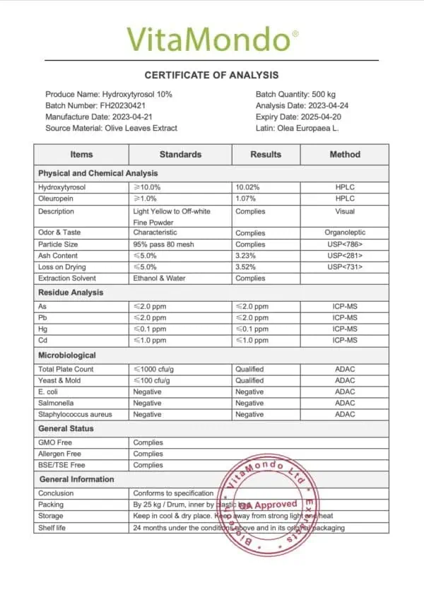 Hydroxytyrosol 10% Olive Leaves Extract COA VitaMondo stamped