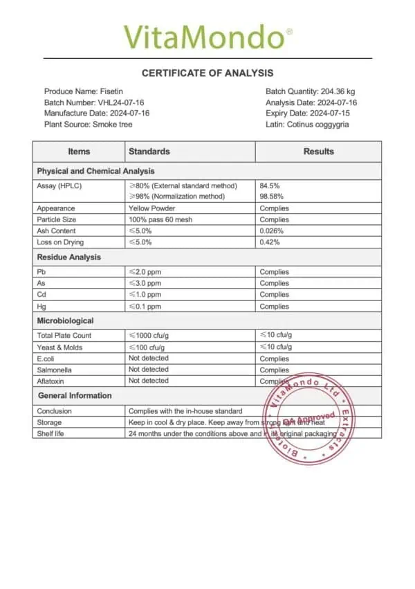 Premium Fisetin 98% Flavonoid Powder COA VitaMondo stamped