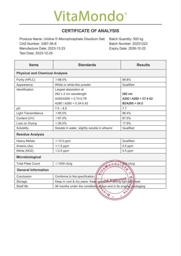 Uridine 5'-Monophosphate Disodium Salt 99% COA VitaMondo stamped