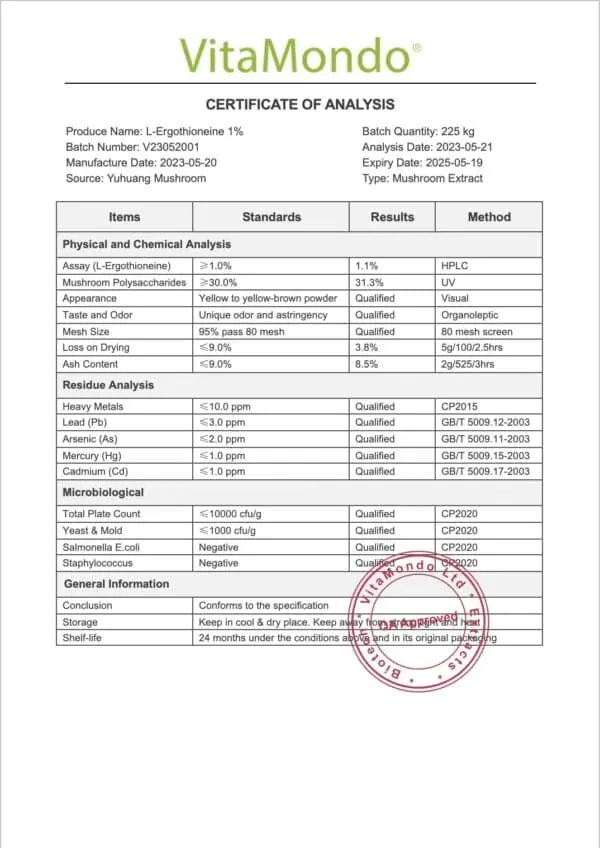 L-Ergothioneine 1% Mushroom Extract COA VitaMondo stamped