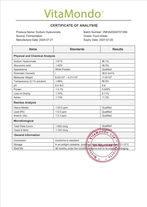 Hyaluronate Sodium 96% Hyaluronic Acid COA VitaMondo stamped