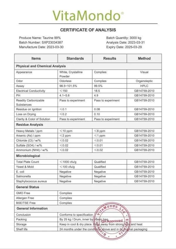 Taurine 99% COA VitaMondo stamped