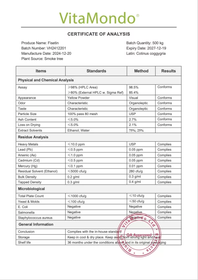 Fisetin 98% Flavonoid Powder COA 2025 VitaMondo