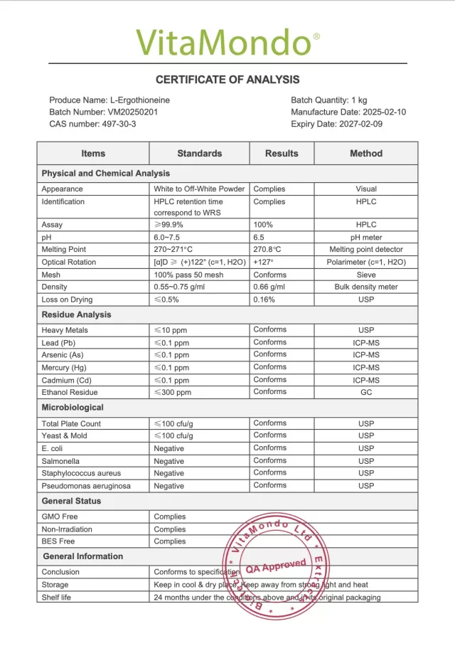 L-Ergothioneine 99.9% COA VitaMondo stamped