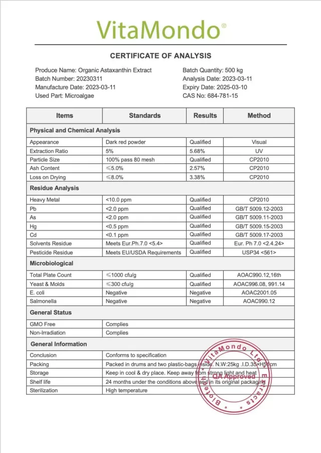Organic Astaxanthin Powder 5%: 100g-1kg – Antioxidant, Algae