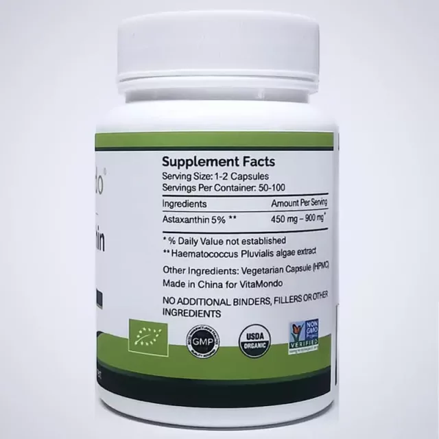 Organic Astaxanthin Supplement 5%: 500 mg * 100 Capsules