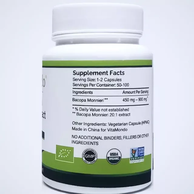 Organic Bacopa Monnieri Supplement: 500 mg * 100 Capsules