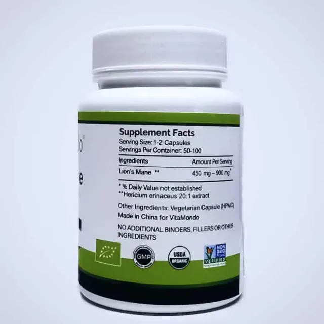 Organic Lion’s Mane Mushroom: 500 mg * 100 Capsules – Neurotrophic Growth