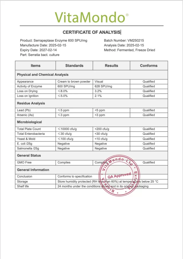Serrapeptase Enzyme 600 SPU mg COA 2025 VitaMondo stamped