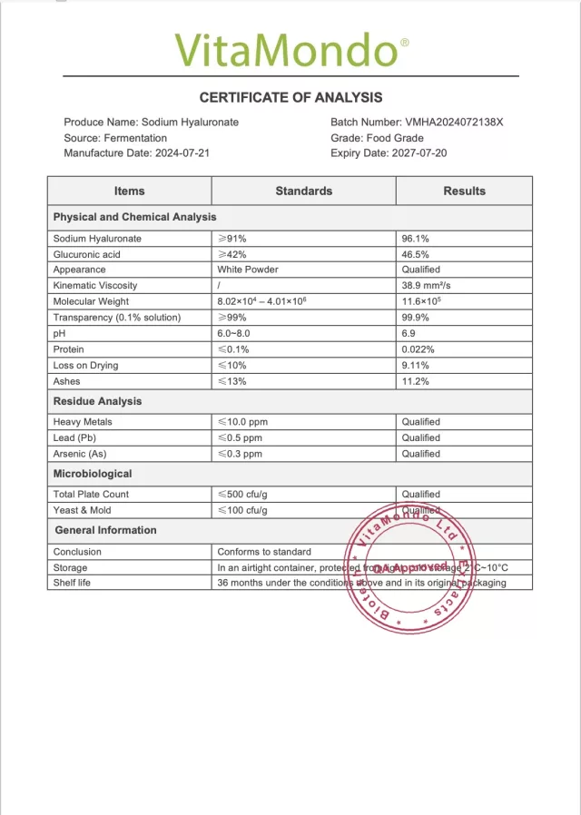 Hyaluronic Acid 90% Sodium Hyaluronate Hyaluron COA VitaMondo