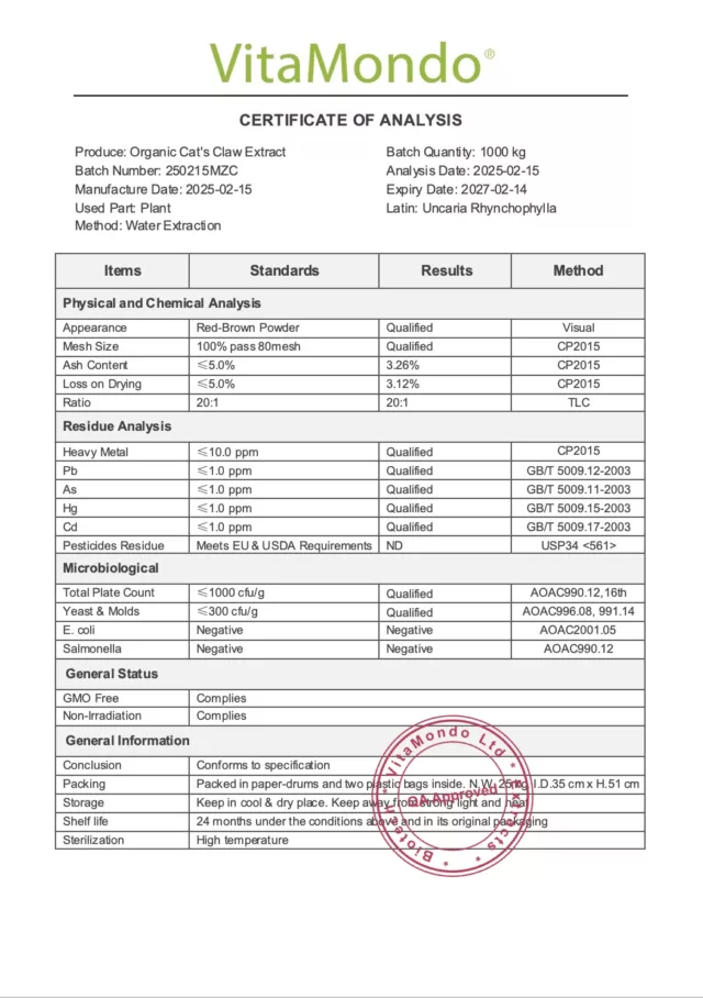 Organic Cat's Claw Extract COA VitaMondo 2027